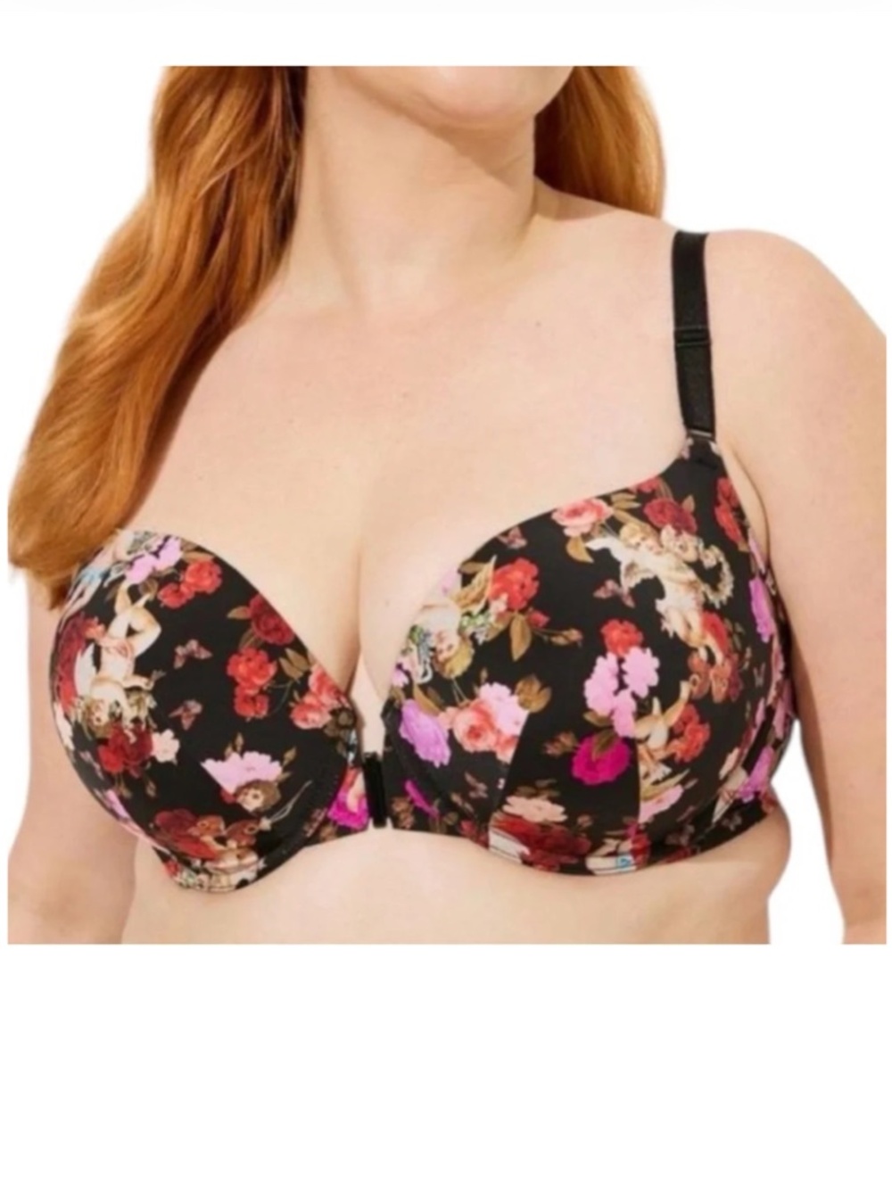 TORRID Black Floral Cherub Print Wire Free Lightly Lined Smooth Bra 40DD Est